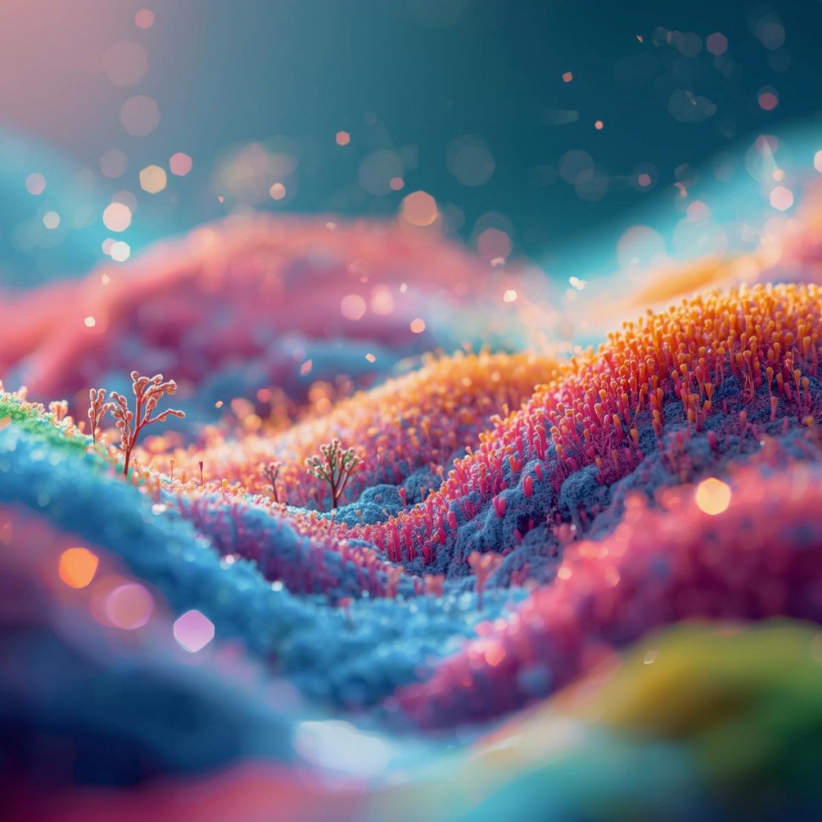 Macro view of a vibrant coral reef ecosystem, analogy for the human gut