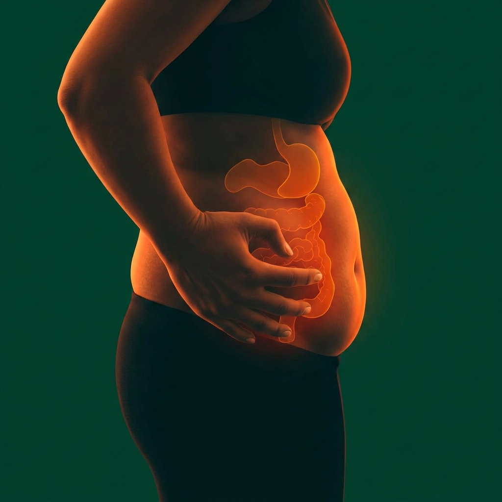 Illustration of a person clutching their abdomen, gut highlighted in ember tones